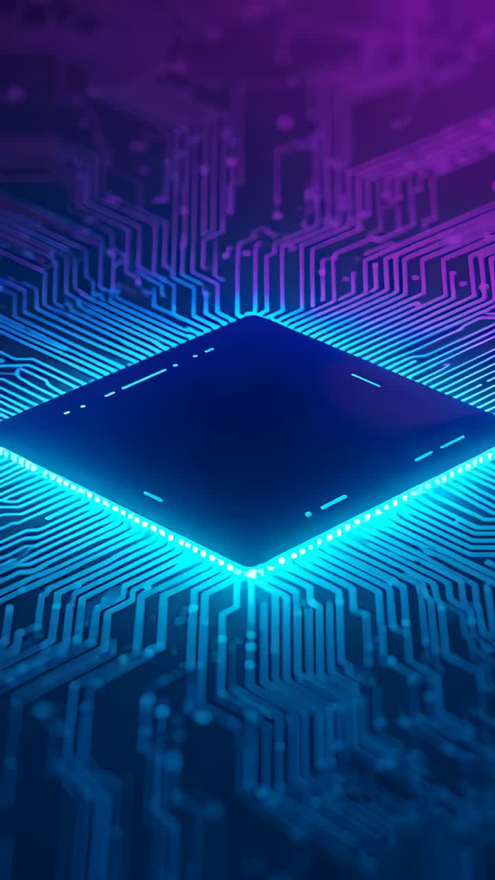 Vertical video: Lighting central microchip powering up from lower-edge cyan rim, pulsing PCB traces