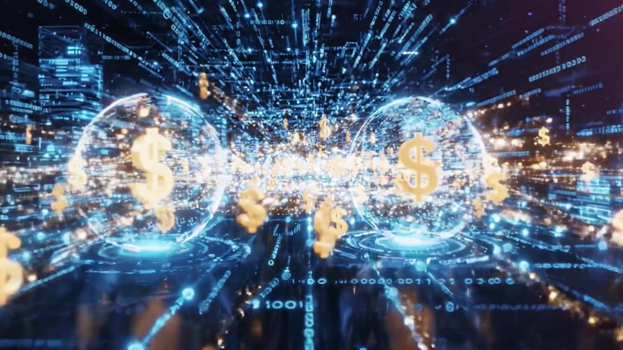 Digital Financial Landscape: A Journey Through a Dynamic World of Glowing Data, Currency Symbols, and Illuminated Networks