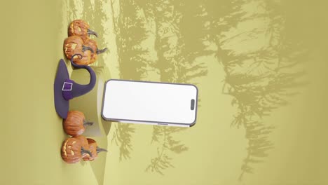 vertical video, mockup smartphone on a podium, yellow background halloween scene