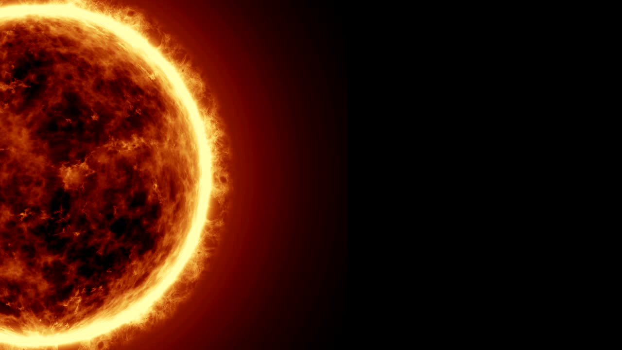 4k superficie solar realista con llamaradas solares, quema del sol aislada en negro con espacio para su texto o logotipo. fondo gráfico de movimiento y animación.