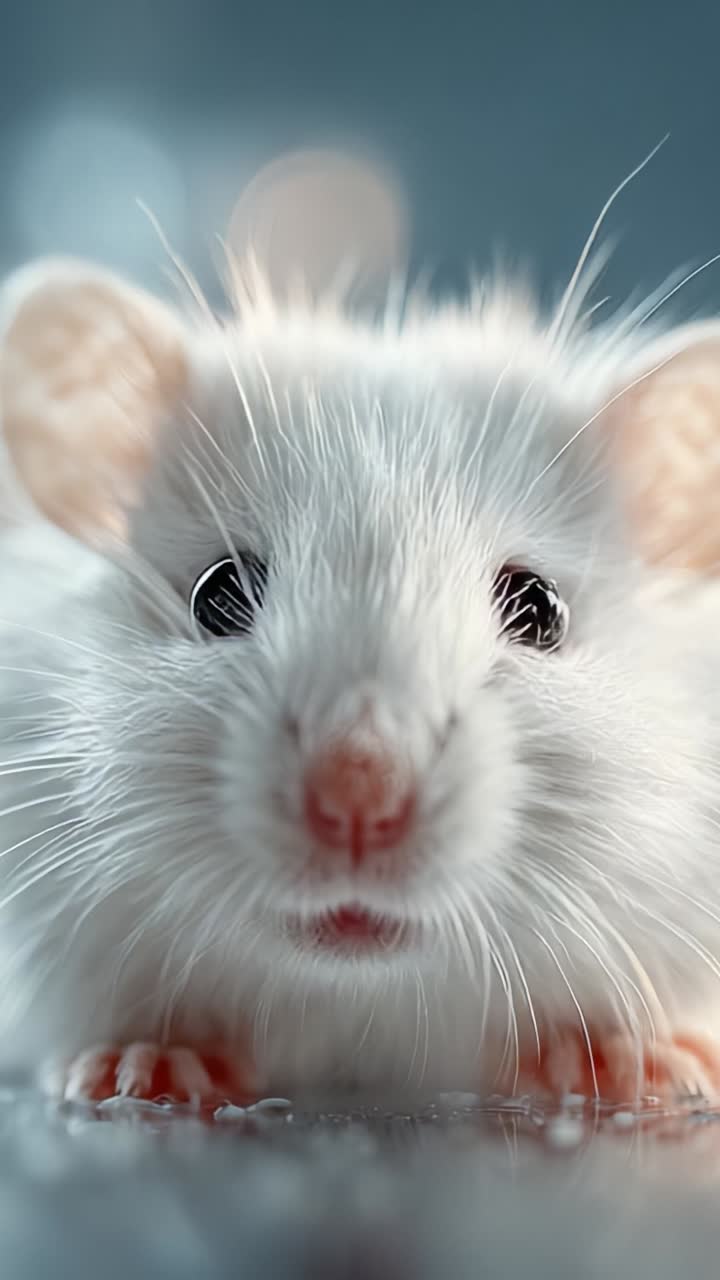 Un simpatico topolino bianco con occhi vivaci e pelo soffice ripreso da vicino in un contesto adorabile, che mette in mostra il suo viso espressivo e la sua natura giocosa per tutti gli amanti degli animali