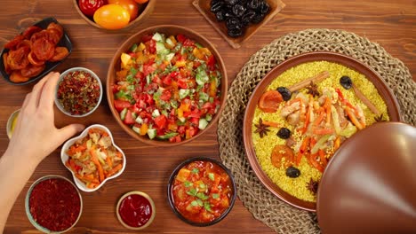 moroccan cuisine top view. tajine, traditional dish made of lamb and eggplant, vegetable salad. middle eastern culture. couscous with mutton close-up, delicious rice. homemade food.