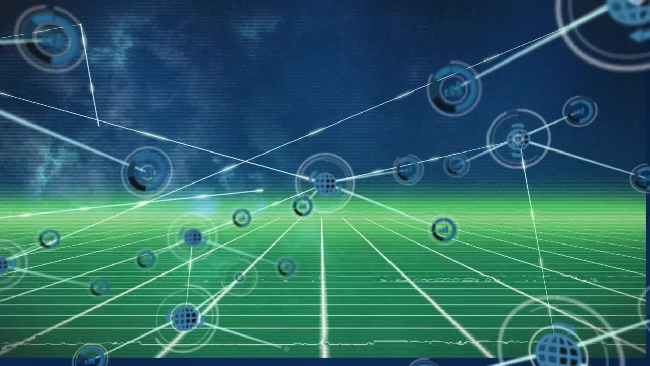 파란색 배경에 녹색 그리드 위에 아이콘으로 연결 네트워크의 애니메이션