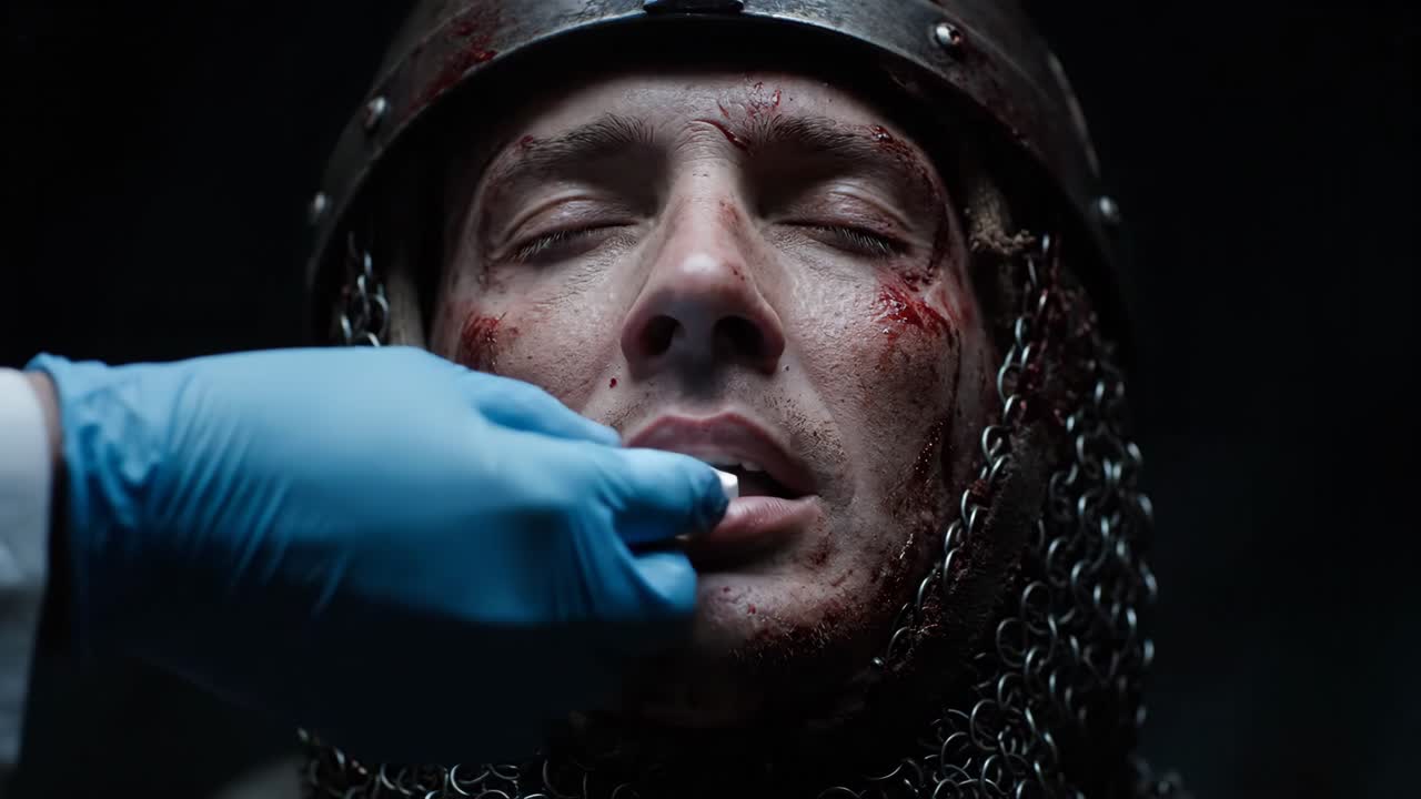 A knight receiving medication