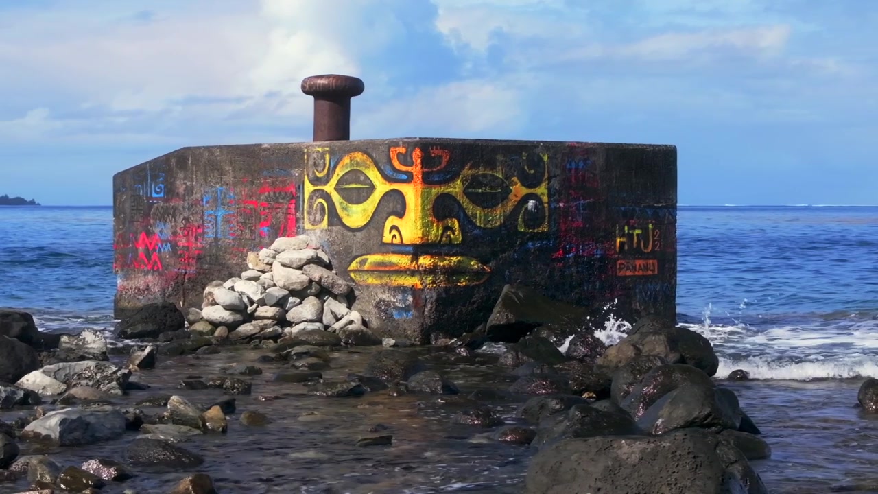 Arte de rua à beira-mar. Estrada de Taiarapu para Teahupoo. Taiti, Polinésia Francesa. Drone. Oceano Pacífico Sul. Bloco de cimento. Grafite de rosto polinésio. Maré baixa. Rochas. Ondas quebrando. Ensolarado. Paralaxe à direita.