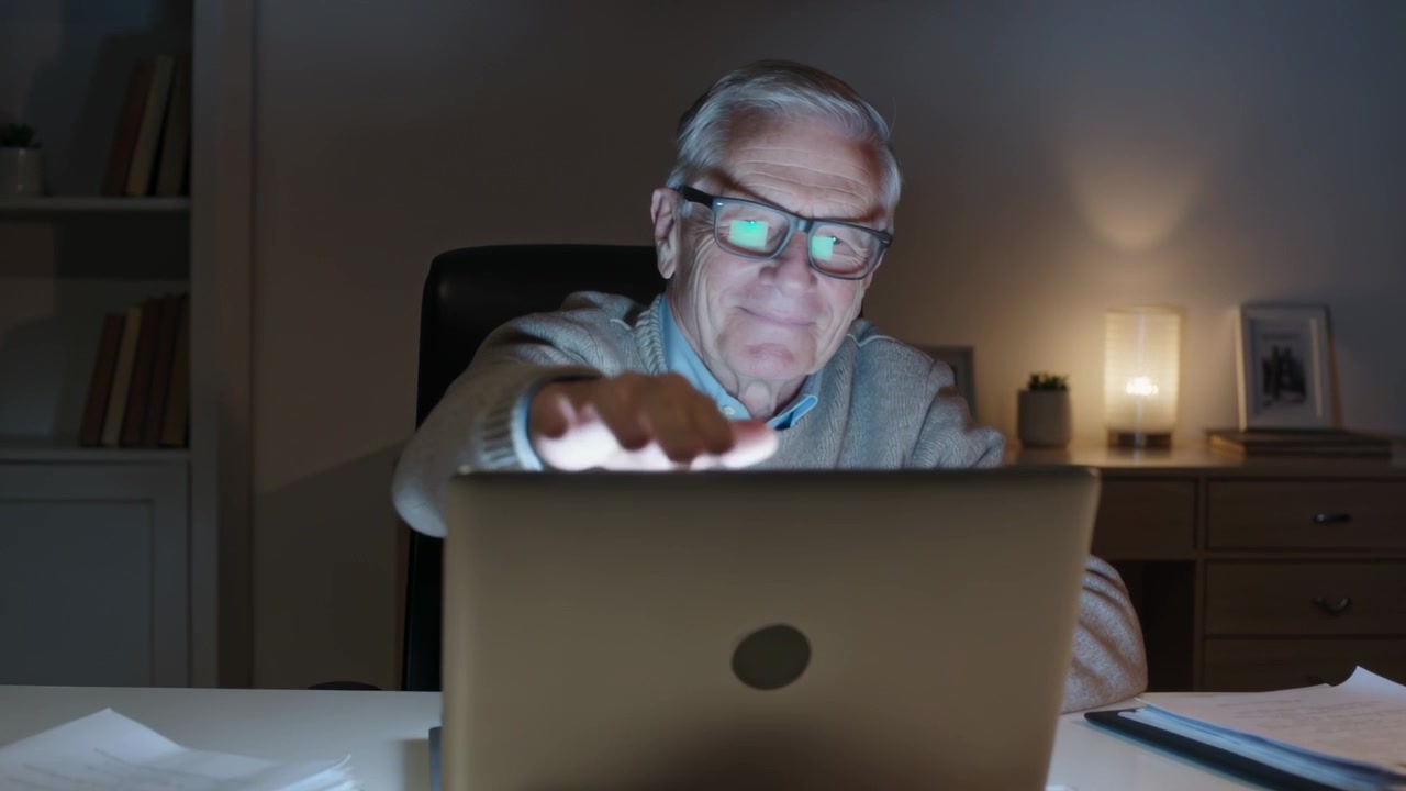 Seeing laptop glow, senior in sweater specs tapping keys adjusting lid, ending session at home desk