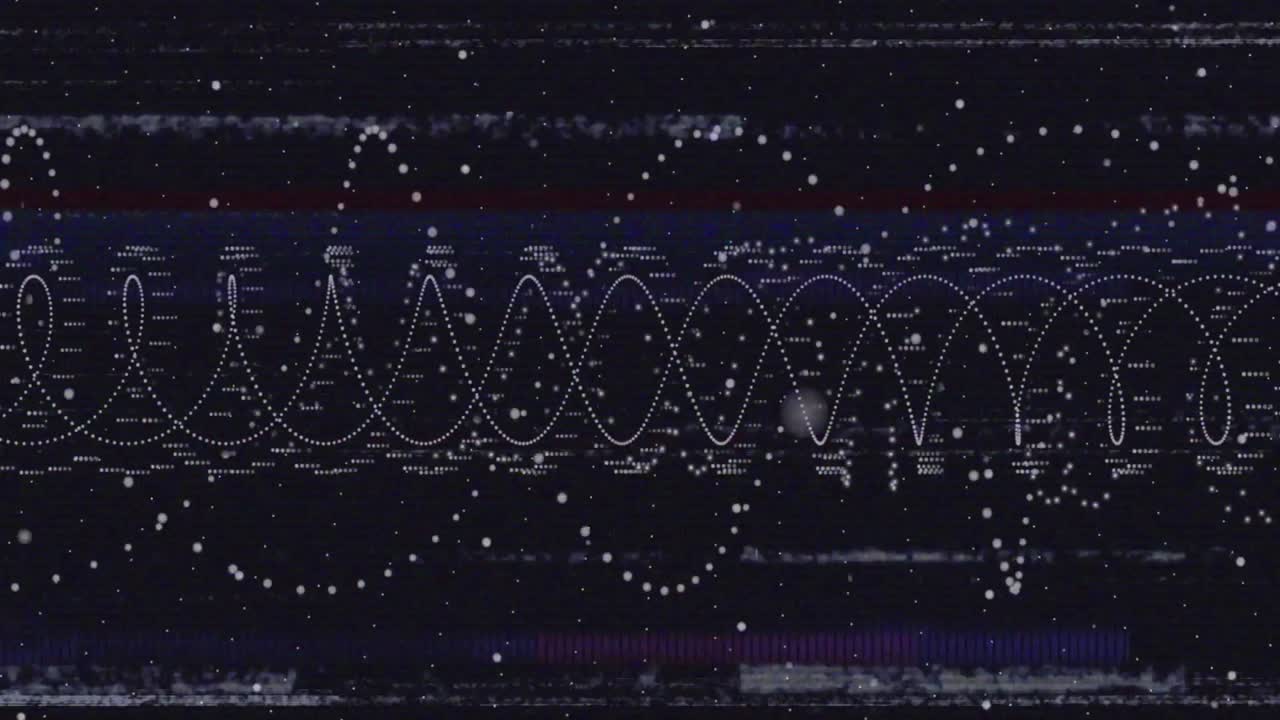 Particles starting dotted waves oscillating glitching, sweeping blue band looping showing data flow