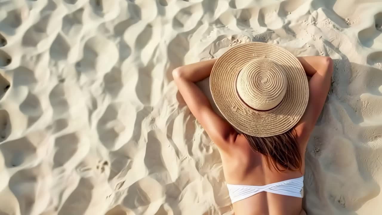 Aerial view of a woman in a white bikini and sun hat lying on sandy beach