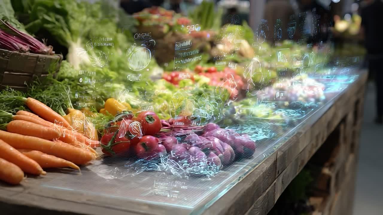 Alimentos frescos expostos em um mercado com sobreposições digitais de informações
