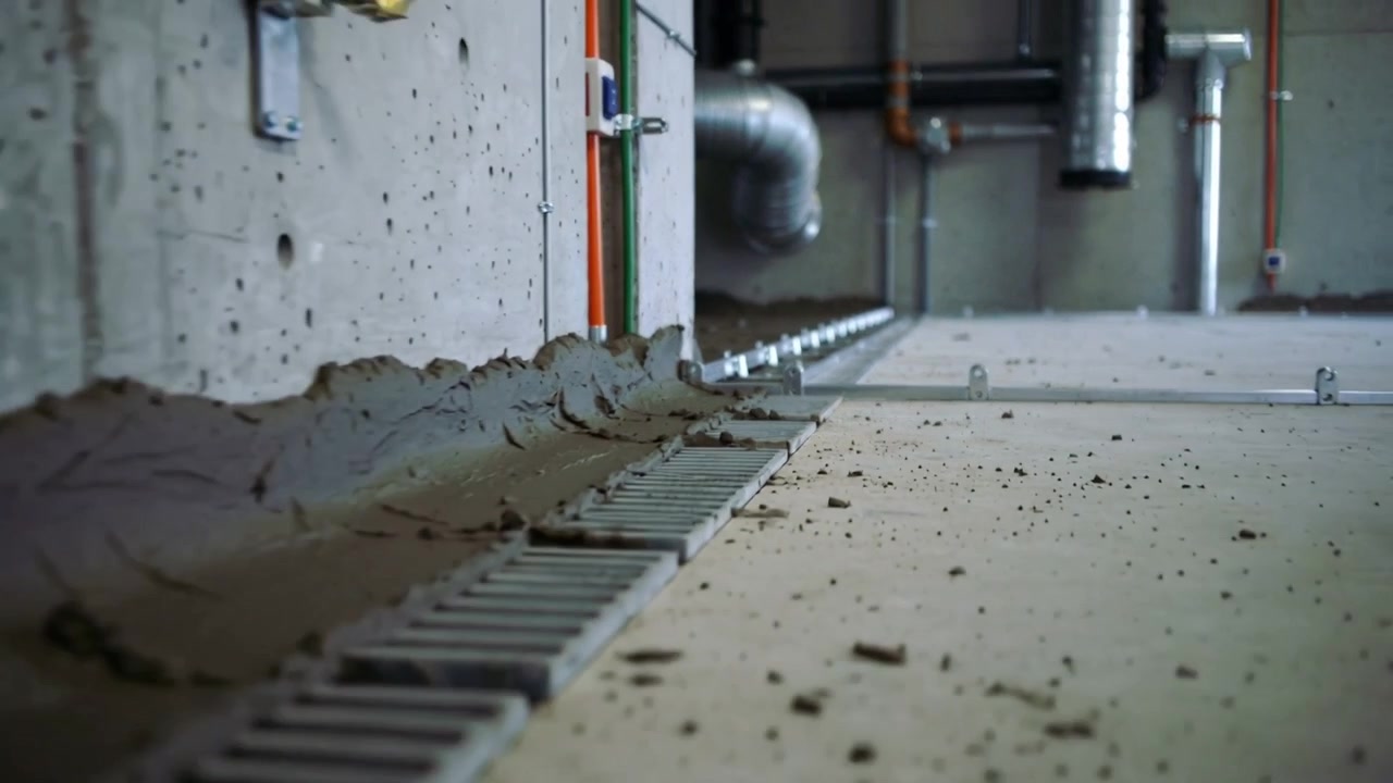 Camera tracking metal rail and grate while crew applying mortar along basement wall to finish floor