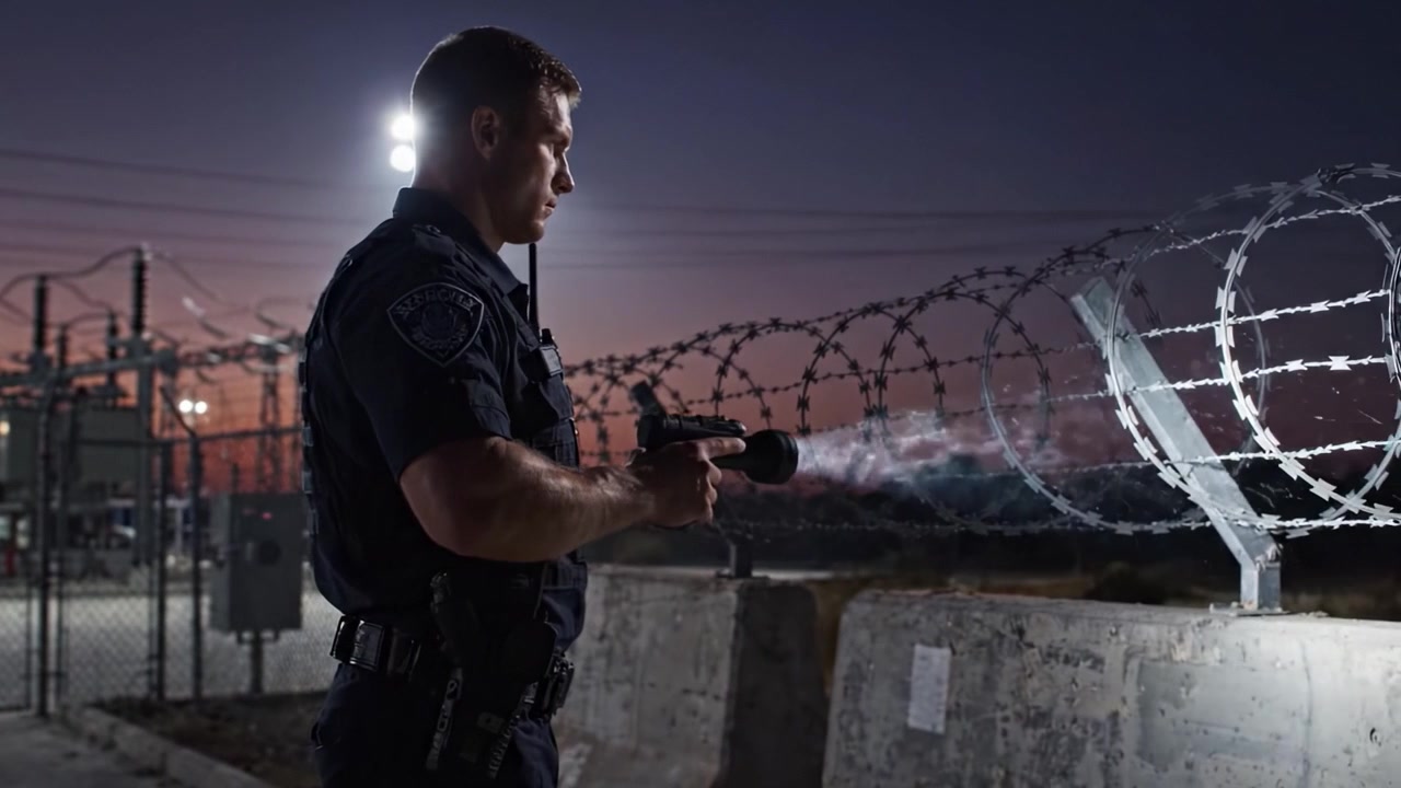 Un oficial vigilante inspecciona una instalación eléctrica segura al anochecer, mostrando dedicación al deber en una atmósfera tensa y eléctrica mientras la noche cae sobre el paisaje de fondo