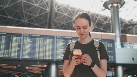 a young woman is online check-in to board the plane. booking a car through the smartphone app. car sharing services from your smartphone. hotel reservation via phone