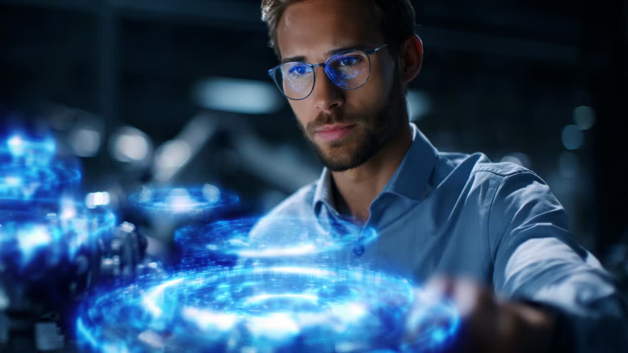 A focused individual engages with futuristic technology, manipulating glowing holographic interfaces that display complex data visualizations and interactive elements, embodying innovation and creativity in a modern workspace