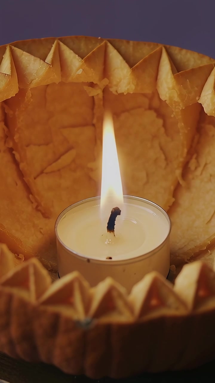 Vertical video: Flickering tealight melting wax at black wick in shell holder on table