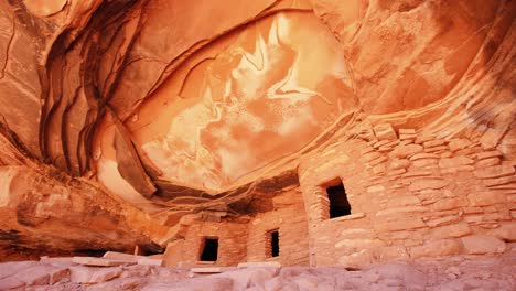 Wide-shot-of-fallen-roof-pueblo-ruin-close-up-of-windows-in-Bears-Ears-National-Monument,-Utah