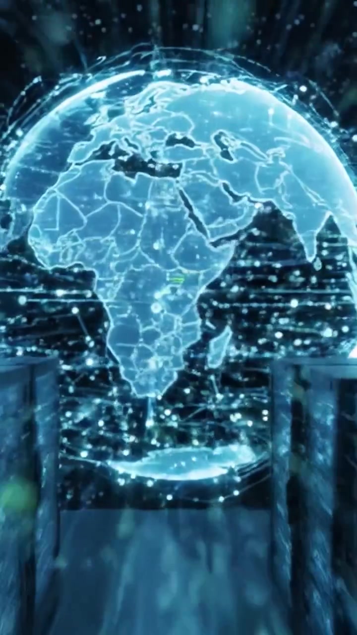 A Journey Through a Digital Realm: Captivating Visuals of a High-Tech Server Environment Transitioning to a Dynamic Global Network Representation