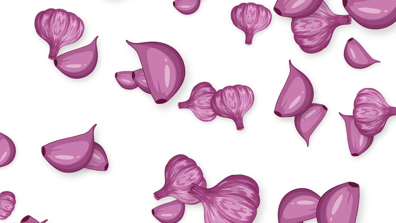 Bulbi e spicchi d'aglio viola stilizzati cadono verticalmente su uno sfondo bianco pulito