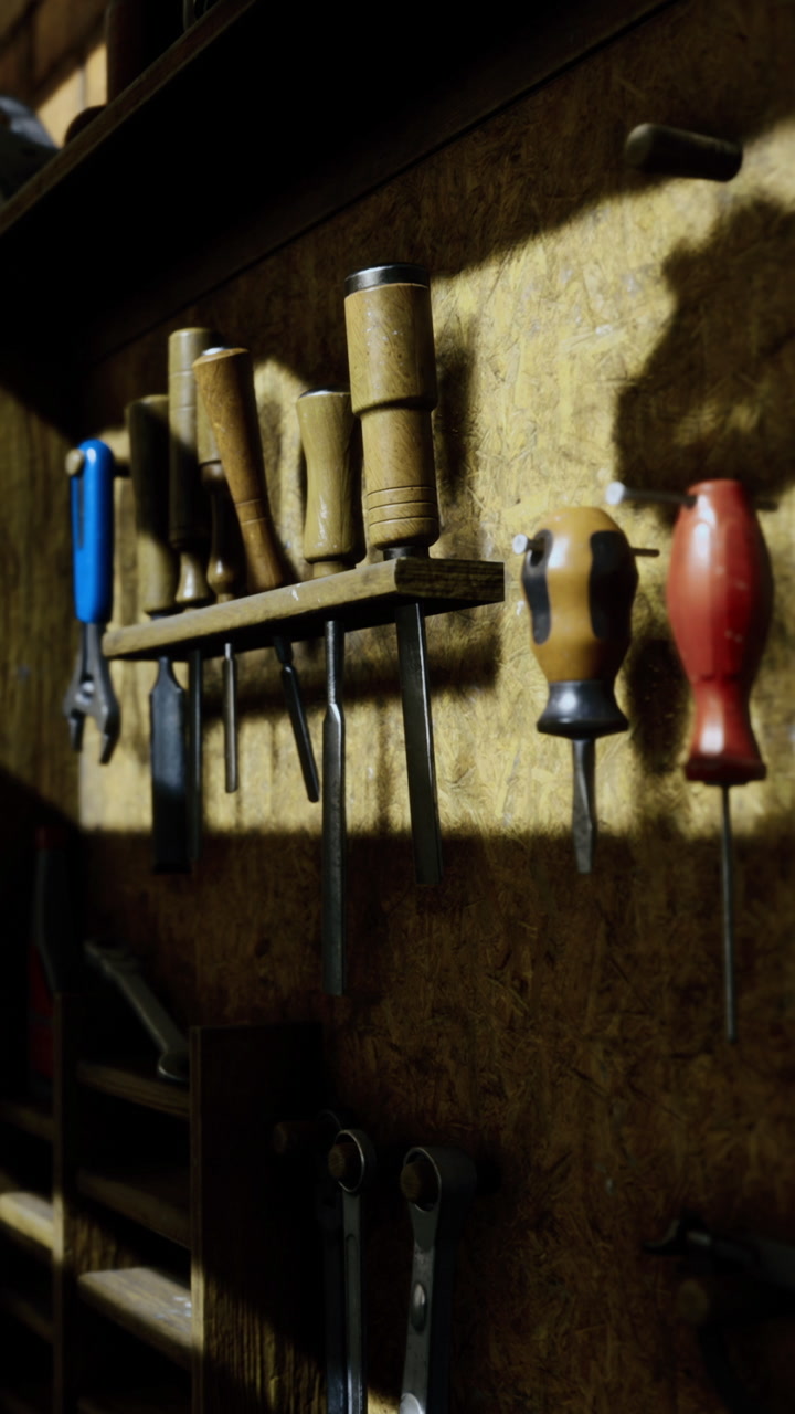 Wooden handles and metal tools displayed on wall in workshop setting