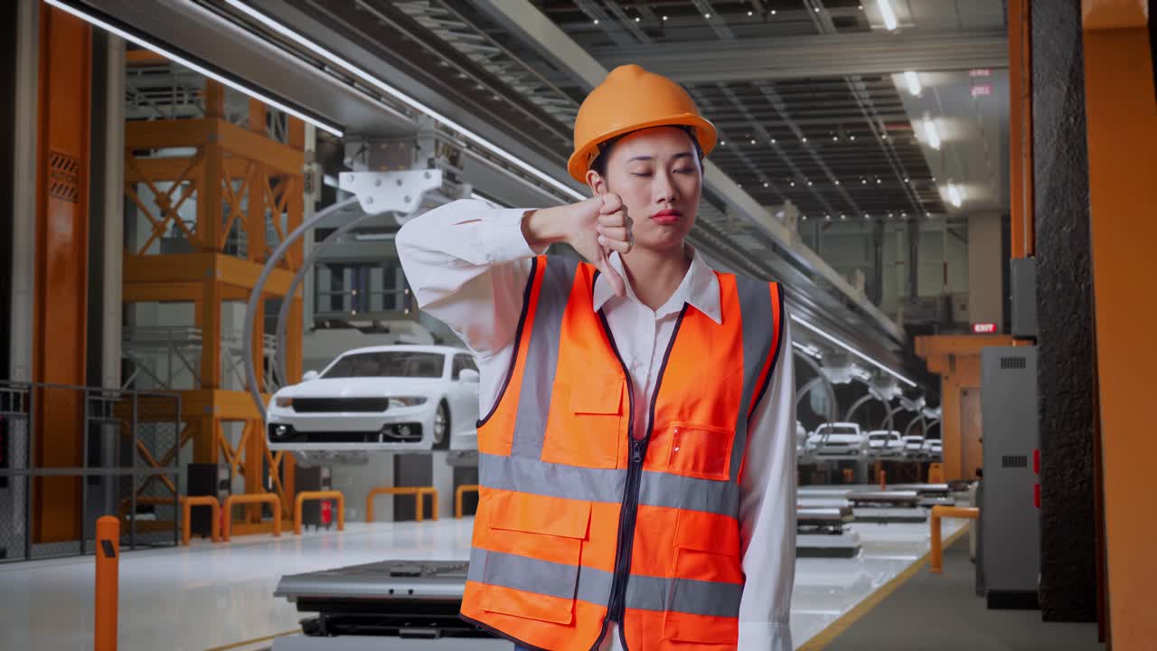 안전 헬을 입은 아시아 여성 엔지니어가 엄지손가락을 내려놓고 머리를 흔들며 ev 자동차 공장에서 서 있습니다.