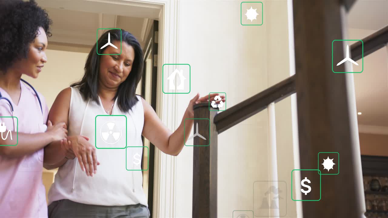 Nurse placing hand, guiding client using rail down hallway for mobility while eco icons overlaying