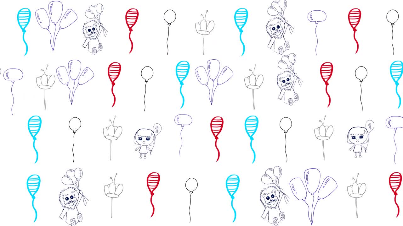 색 배경에서 움직이는 여러 줄의 풍선의 애니메이션