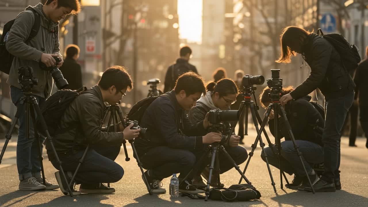 A Group of Photographers Capturing Moments with Professional Cameras and Tripods in the Golden Hour, Emphasizing the Art of Photography and Team Collaboration