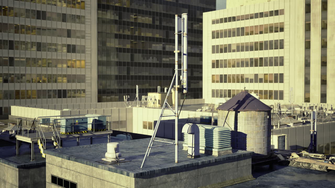 Rooftop view of urban buildings with cooling towers and equipment