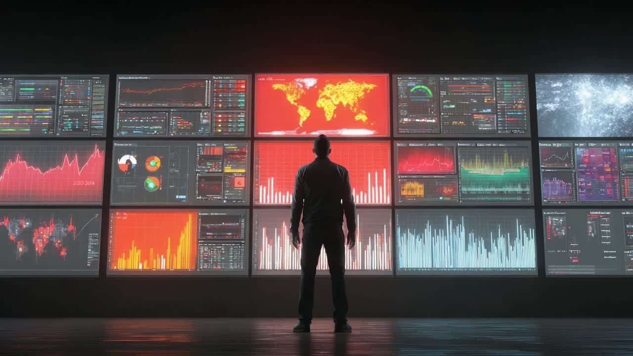Un analista di dati si trova di fronte a una serie di schermi dinamici e vivaci che mostrano metriche finanziarie e analitiche complesse, rivelando tendenze e modelli in tempo reale