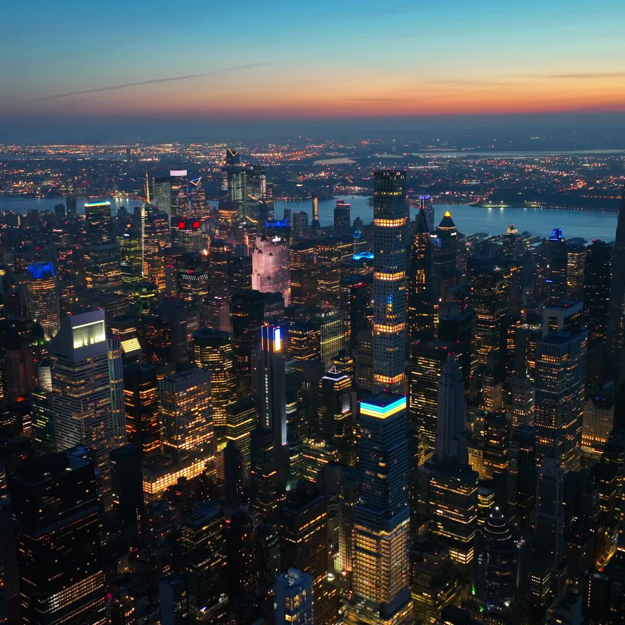 Billions of lights in the scenery of huge metropolis. Stunning New York panorama from aerial perspective