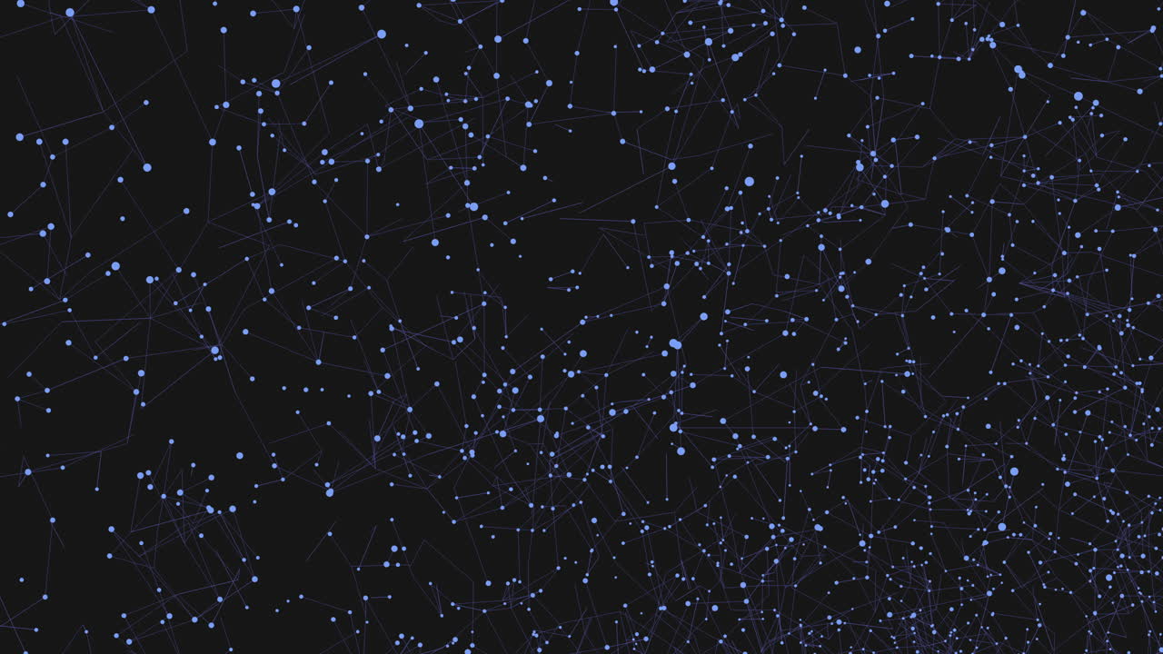 Abstract digital footage of a dynamic network with glowing blue data nodes and connecting lines on a dark background, ideal for technology, AI, big data and futuristic communication concepts