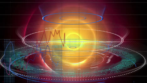 Animation-of-financial-data-processing-over-glowing-orange-circles