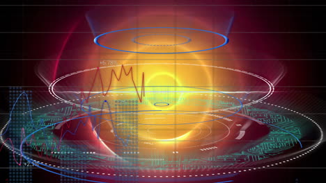 animación del procesamiento de datos financieros sobre círculos naranjas brillantes