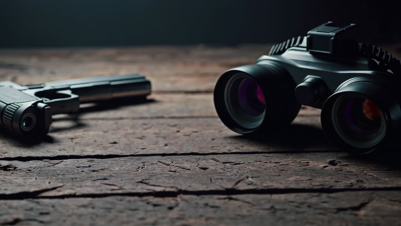 Binoculars and Gun on Wooden Table
