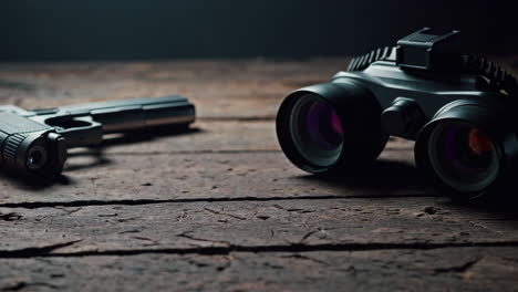 binoculars and gun on wooden table