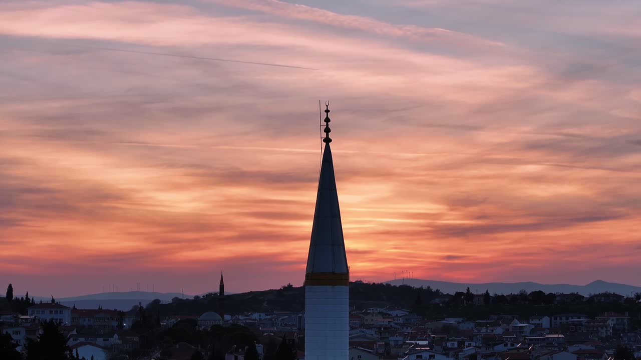 Evening sunset view of the Muslim religious place mosque with 4k drone footage