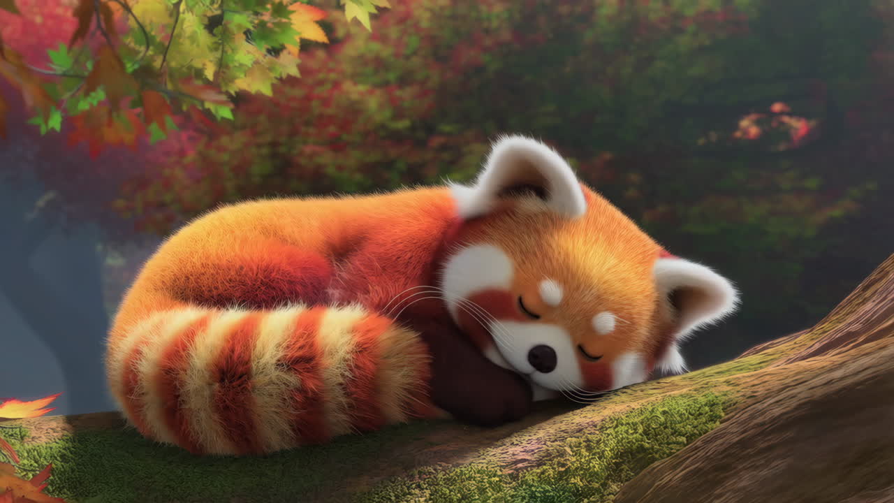 A cute animated red panda sleeping peacefully on a tree branch