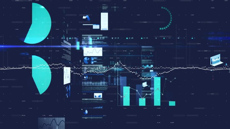 Animation of financial data processing over blue background