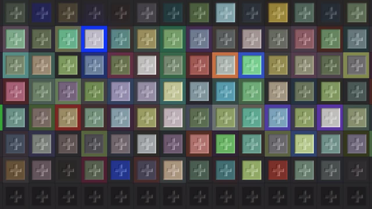 fondo animado dinámico con cruces médicas multicolores parpadeando sin parar. movimiento. filas de azulejos con pequeñas líneas cruzadas en movimiento intermitente, bucle sin costuras