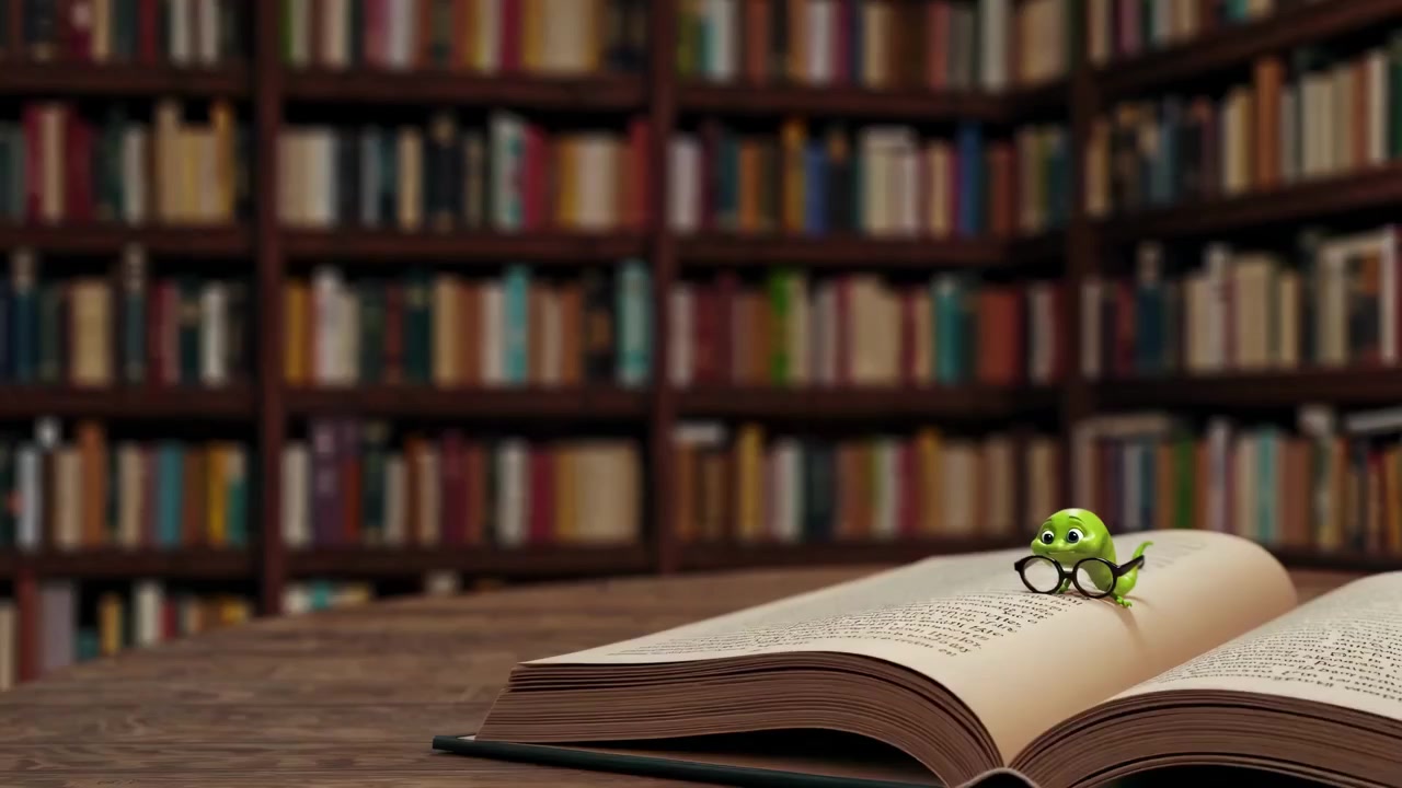 Interno accogliente di una biblioteca con libri e un personaggio dei cartoni animati su un libro aperto.
