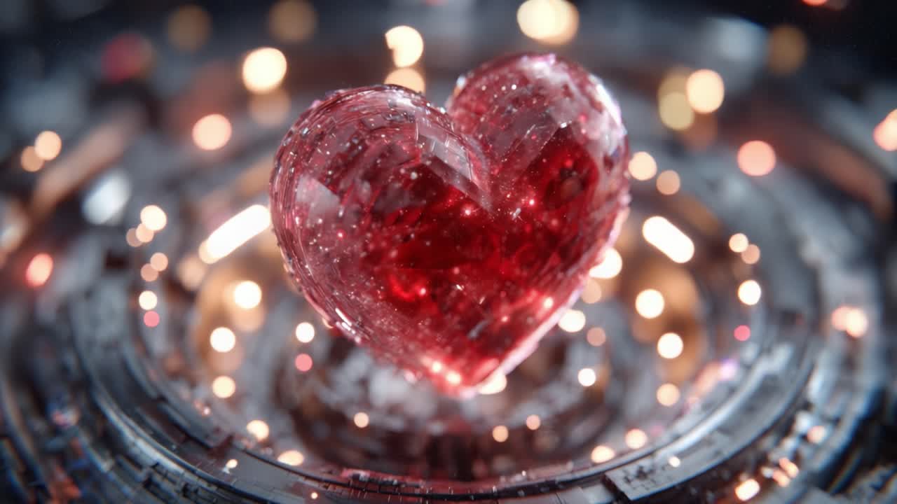 A Stunning Visual Representation of a Shimmering Red Heart, Captured with Intricate Detail Against a Background of Blurred Lights, Evoking Emotions of Love and Passion