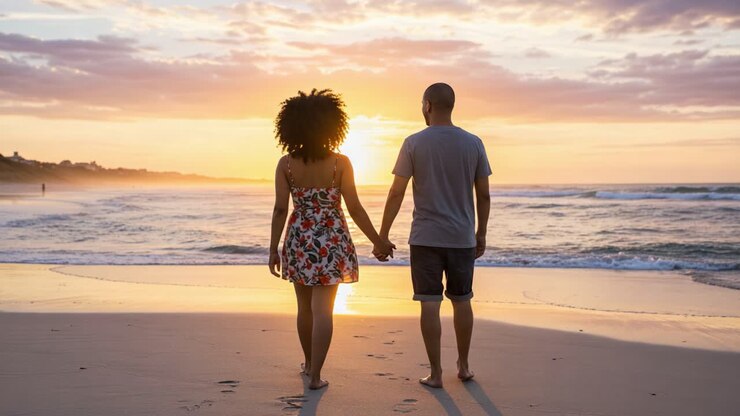 A Beautiful Sunset Beach Stroll: Capturing the Serene Moment of Togetherness Between Two Lovers Hand in Hand by the Ocean as the Day Ends
