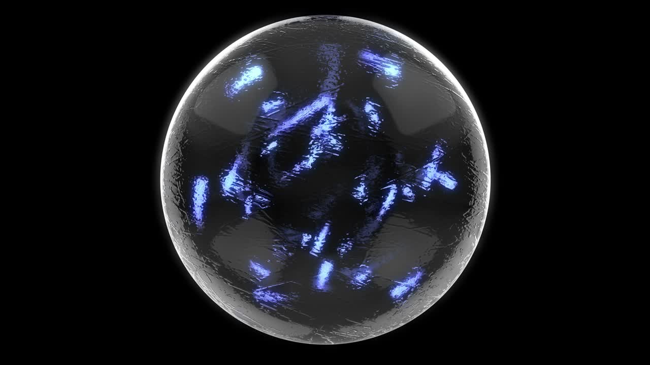 animación 3d de vidrio de esfera futurista. luces de neón moviéndose dentro de la pelota. patrón sin costuras con canal alfa.