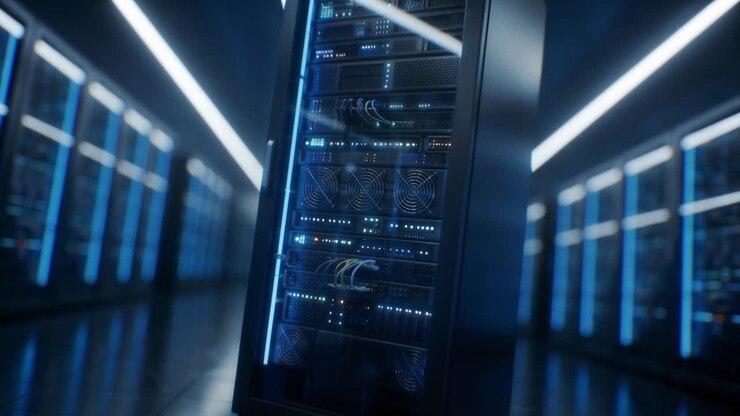 Rack di server digitale operativo in un data center futuristico.