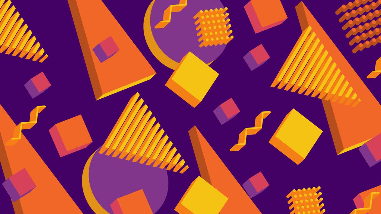 Geometric shapes fly and rotate. 80s style geometric pattern. 3d isometric shapes motion animation. Horizontal composition, 4k video quality