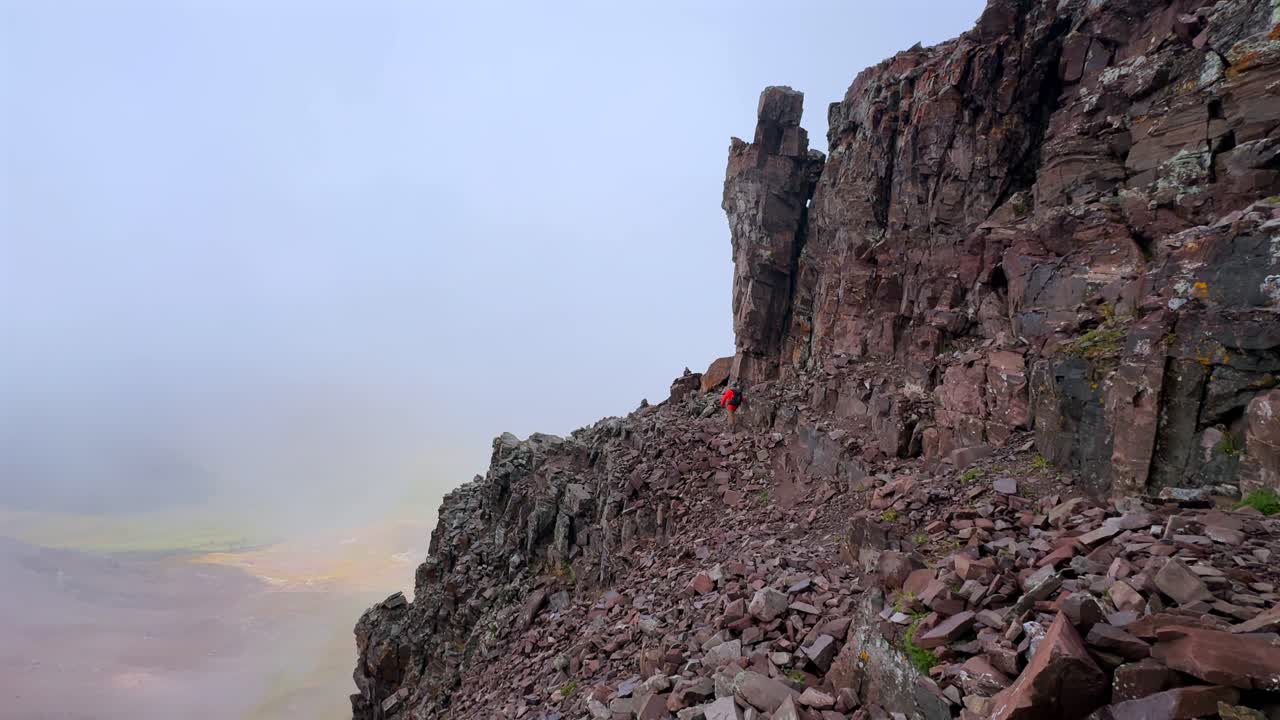 Backside Robot rock formation Maroon Peak hiking trail down fourteener rugged mountain terrain Bells Wilderness Colorado summer clouds dense fog movement Aspen Snowmass Elk Range Rocky Mountains