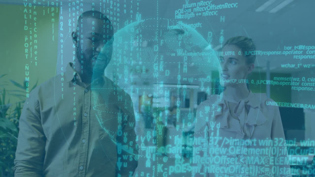 Two coworkers walking in office rotating globe and code appearing overlaying while talking business