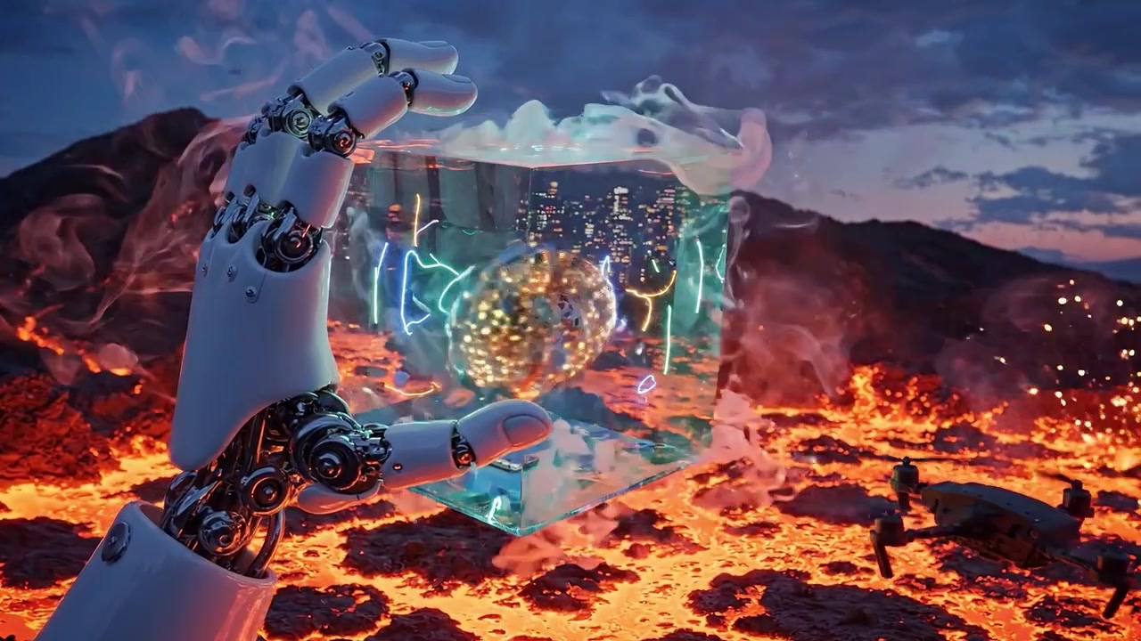 A Futuristic Robotic Hand Holds a Glowing Cube Above Molten Lava, Capturing a Glimpse of a Vibrant Cityscape Within, Merging Technology and Nature's Power