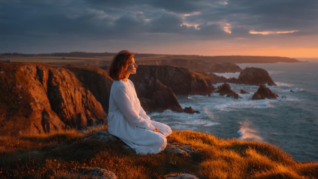 A Serene Moment at Sunset: A Woman in a White Dress Meditates on a Cliff Overlooking the Ocean, Embracing Tranquility and Nature's Beauty