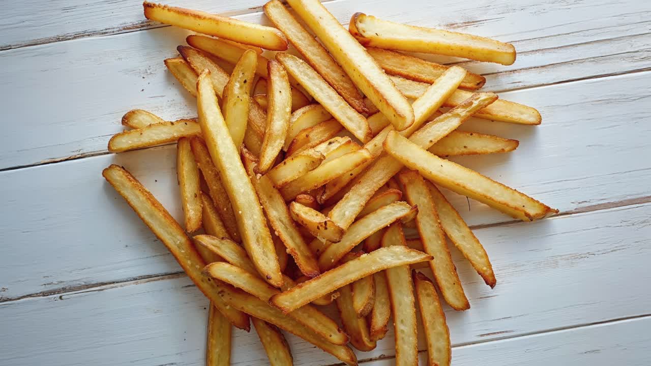 Golden French Fries on White Wooden Table