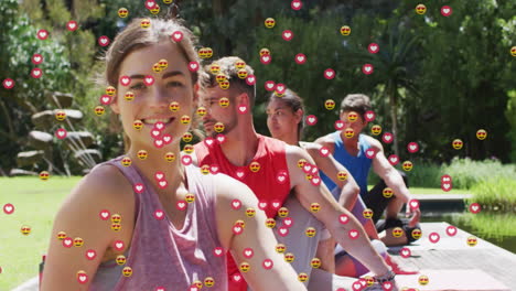 animación de iconos de los medios sobre diversos amigos haciendo ejercicio en el jardín